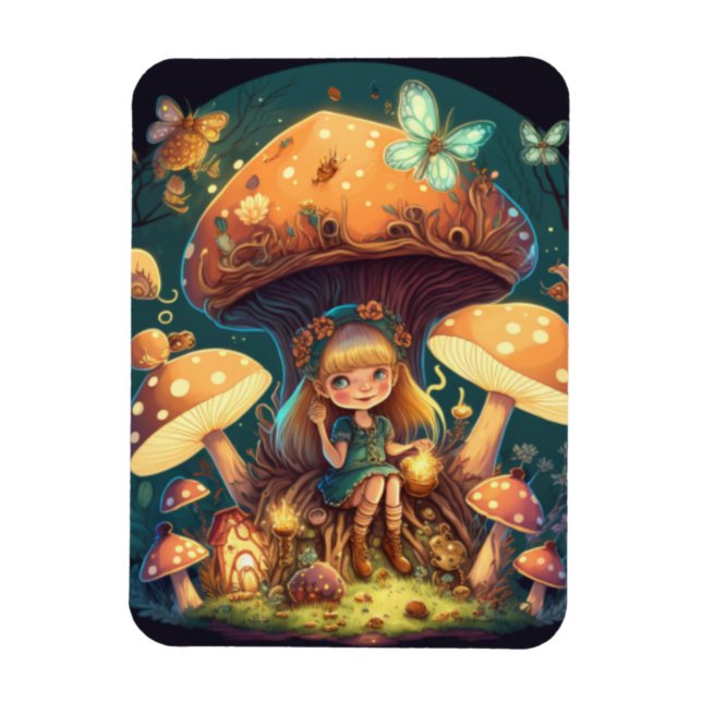 Magnet Flexible Petite elve de fille parmi les champignons (Vertical)