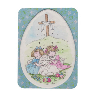 Magnet Flexible Petites Filles et Petit Agneau au matin de Pâques