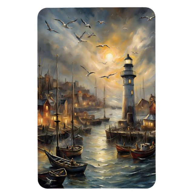 Magnet Flexible Phare côtier et village balnéaire Sunset Art (Vertical)
