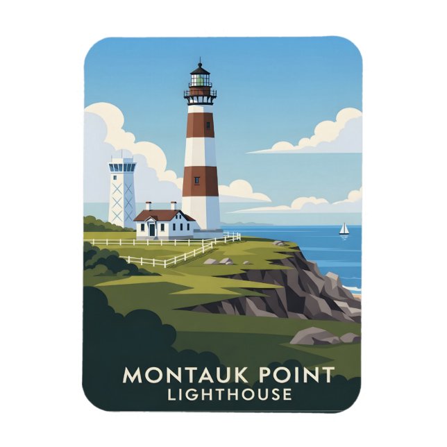 Magnet Flexible Phare de Montauk Point, Falaise Côtière & Voilier (Vertical)