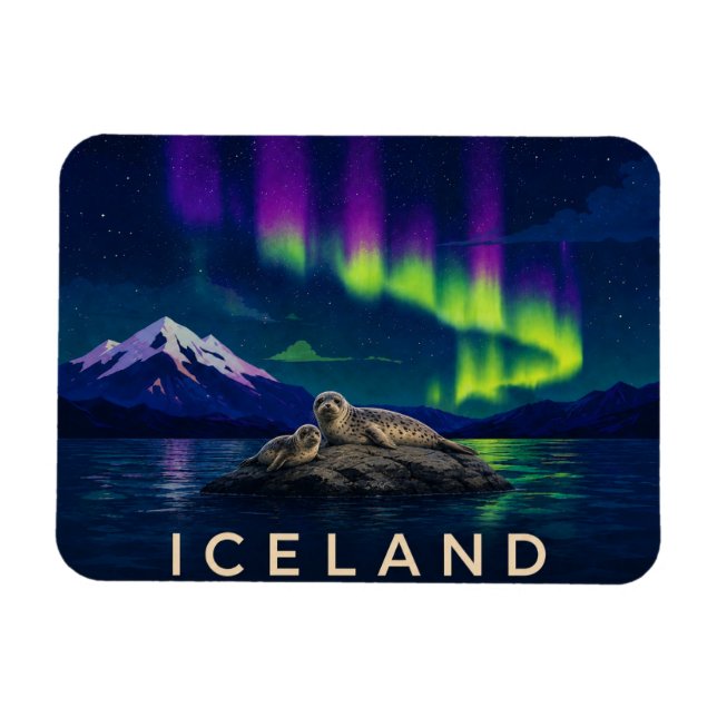 Magnet Flexible Phoques communs sous l'aurore boréale Islande Flex (Horizontal)