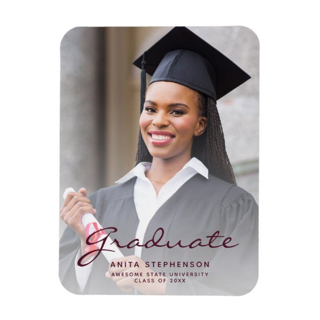 Magnet Flexible Photo Burgundy Script Graduation Faire-part (Vertical)
