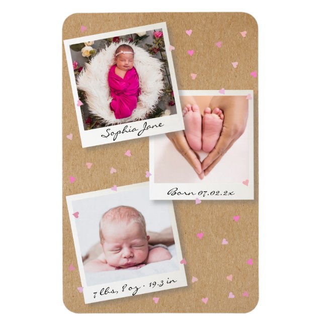 Magnet Flexible Photo Collage Baby Girl Birth Stats Announcement (Vertical)