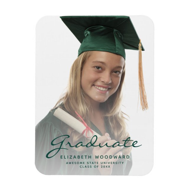 Magnet Flexible Photo Dark Green Script Graduation Faire-part (Vertical)