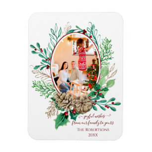 Magnet Flexible Photo de famille de Noël Aquarelle Wreath Holly