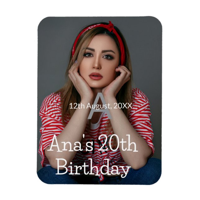Magnet Flexible Photo monogramme joyeux 20e anniversaire gris blan (Vertical)