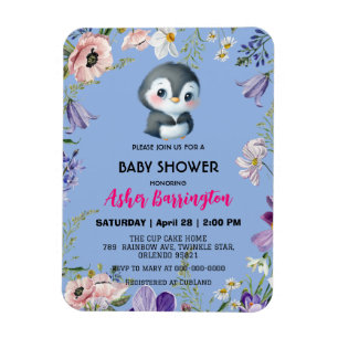Magnet Flexible Pingouin doux mignon baby shower de fleurs rustiqu