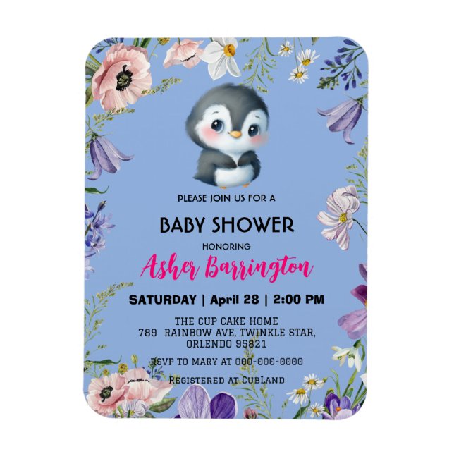 Magnet Flexible Pingouin doux mignon baby shower de fleurs rustiqu (Vertical)