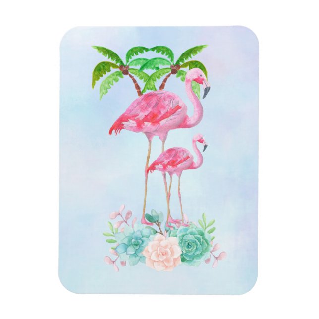 Magnet Flexible Pink Flamingo Momma & Baby with Palm Trees (Vertical)
