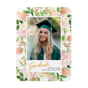 Magnet Flexible Pink Floral Green Script Girl Graduation Photo