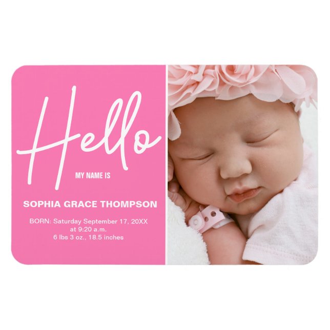 Magnet Flexible PINK Hello Baby Girl Photo Birth announcement (Horizontal)