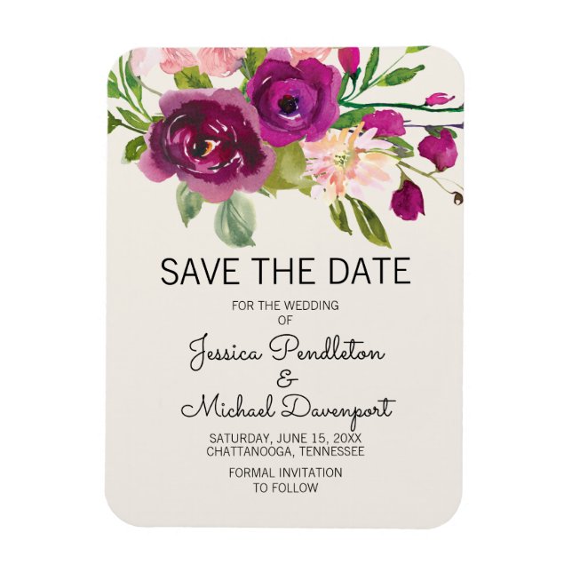Magnet Flexible Plum Blush Floral Mariage Date de sauvegarde (Vertical)
