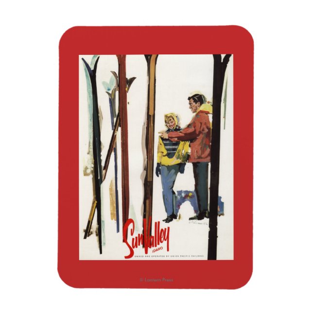 Magnet Flexible Poster Skis debout dans la neige par un couple (Vertical)