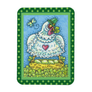 MAGNET FLEXIBLE POULE IRLANDAISE DRÔLE, ŒUFS VERTS ET TRÈFLES MIGN
