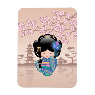 Magnet Flexible Poupée Keiko Kokeshi - Blue Kimono Geisha Girl