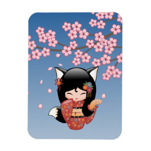 Magnet Flexible Poupée Kitsune Kokeshi - Black Fox Geisha Girl