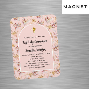Magnet Flexible Première communion rose de fleurs d'or invitation