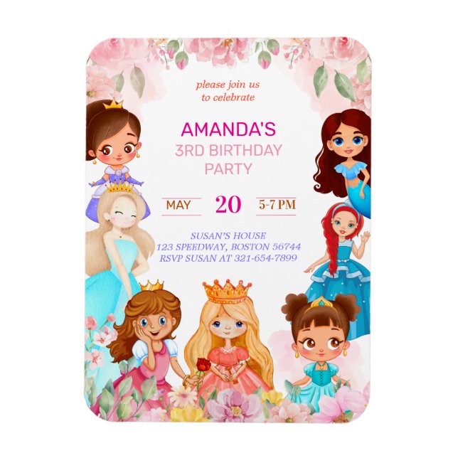 Magnet Flexible Princesse Fille Fête d'anniversaire 3e année Invit (Vertical)