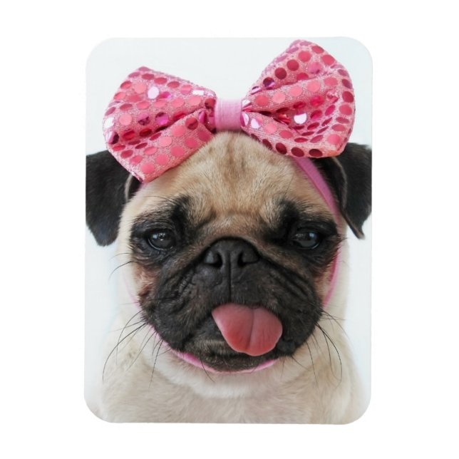 Magnet Flexible Pug with Pink Bow (Vertical)
