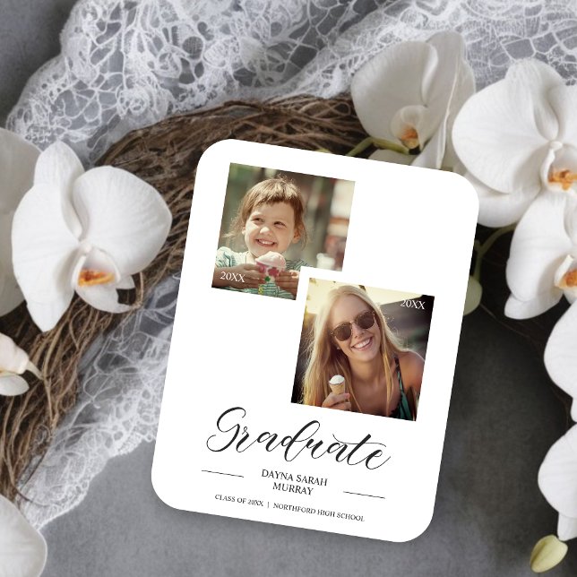 Magnet Flexible Puis & maintenant Graduation Deux Photos Personnal (Then & Now Graduation Two Custom Photos Script Magnet.)