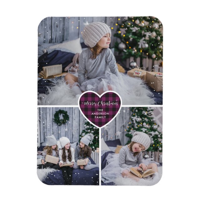 Magnet Flexible Purple Buffalo Plaid Heart Photo Joyeux Noël (Vertical)