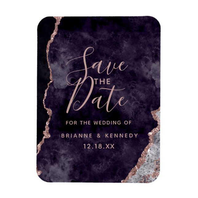 Magnet Flexible Purple Mauve Rose Gold Agate Marble Save the Date (Vertical)