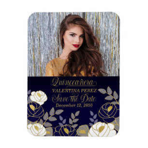 Magnet Flexible Quinceanera bleu avec or Enregistrer la date