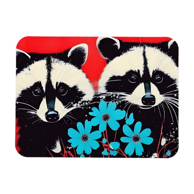 Magnet Flexible Raccoons Adorables Avec Fleurs Bleues Arrière - pl (Horizontal)