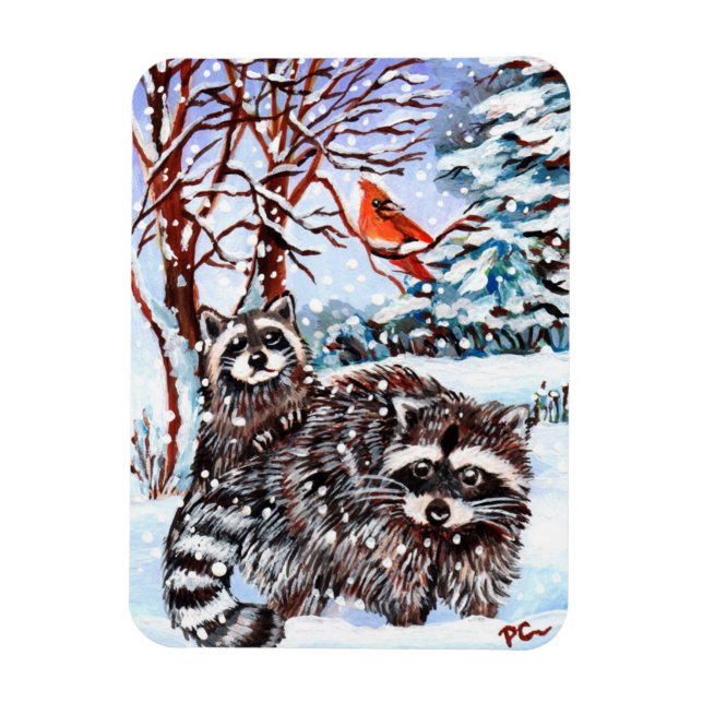 Magnet Flexible Raccoons dans la neige (Vertical)