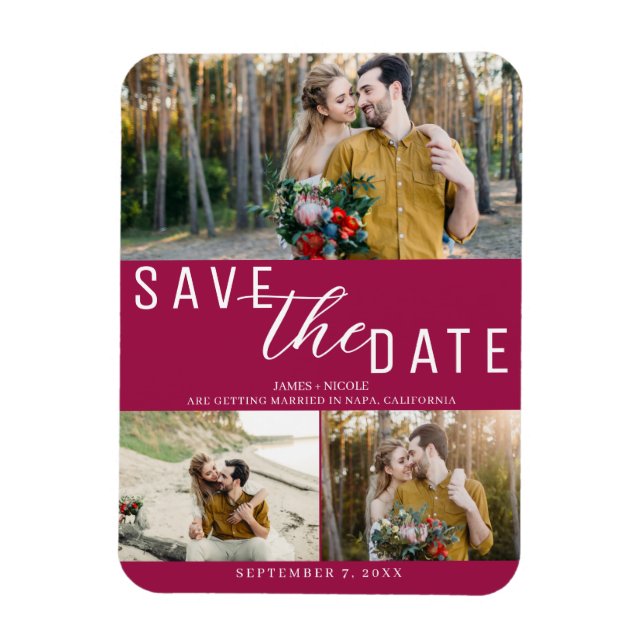Magnet Flexible Raspberry Pink Enregistrer la date Mariage 3 Photo (Vertical)