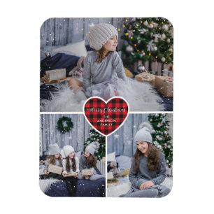 Magnet Flexible Red Buffalo Plaid Heart Snow Photo Joyeux Noël