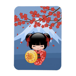 Magnet Flexible Red Sakura Kokeshi Doll - Cute Geisha Girl