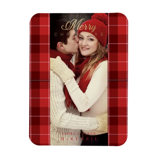 Magnet Flexible Red Tartan Plaid First Joyeux Noël Photo (Vertical)