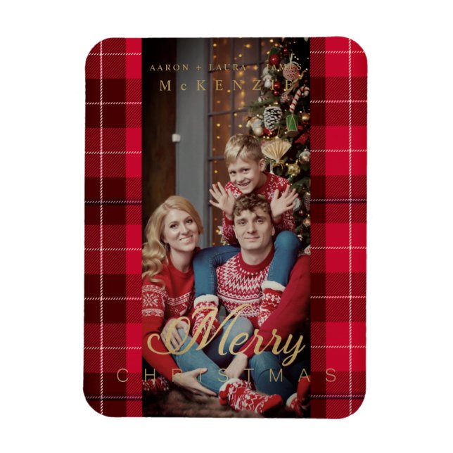 Magnet Flexible Red Tartan Plaid Joyeux Noël Photo de famille (Vertical)
