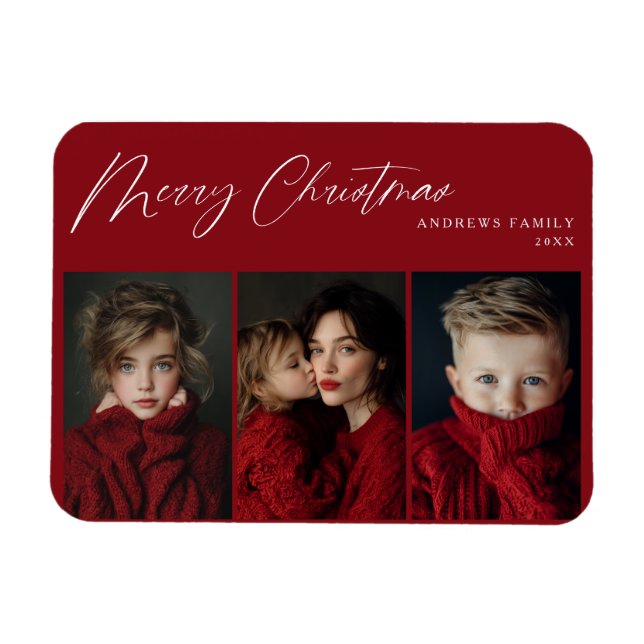 Magnet Flexible Red Three photo Christmas Holiday Design (Horizontal)