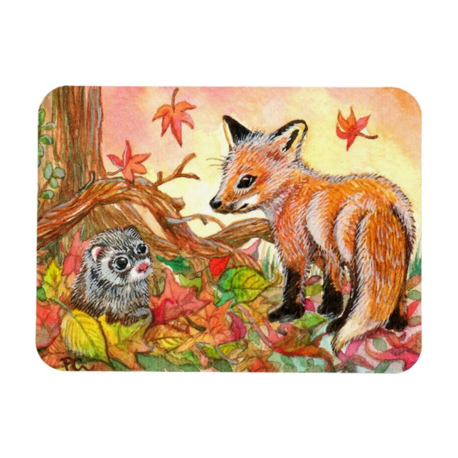 Magnet Flexible Renard et furet en feuilles d'automne (Horizontal)
