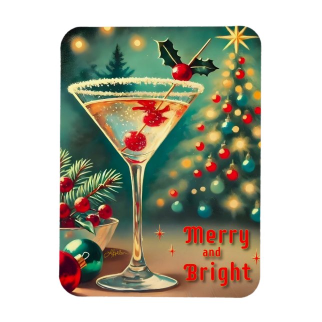 Magnet Flexible Retro les années 50 Merry Bright Christmas Cocktai (Vertical)