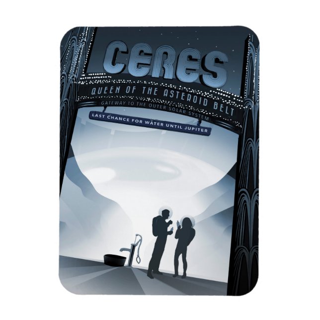 Magnet Flexible Retro Space Travel Poster-Nwarf Planet Ceres. (Vertical)