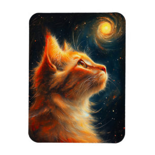 Magnet Flexible Rêveur Cosmique   Chat Roux Gazeant les Étoiles
