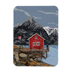 Magnet Flexible Rorbu Lofoten Bergen Norway Landscape Illustration