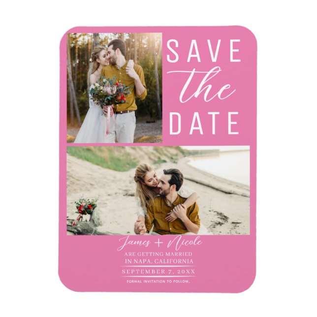 Magnet Flexible Rose Bubble Gum 2 Photos Save the Date Mariage (Vertical)