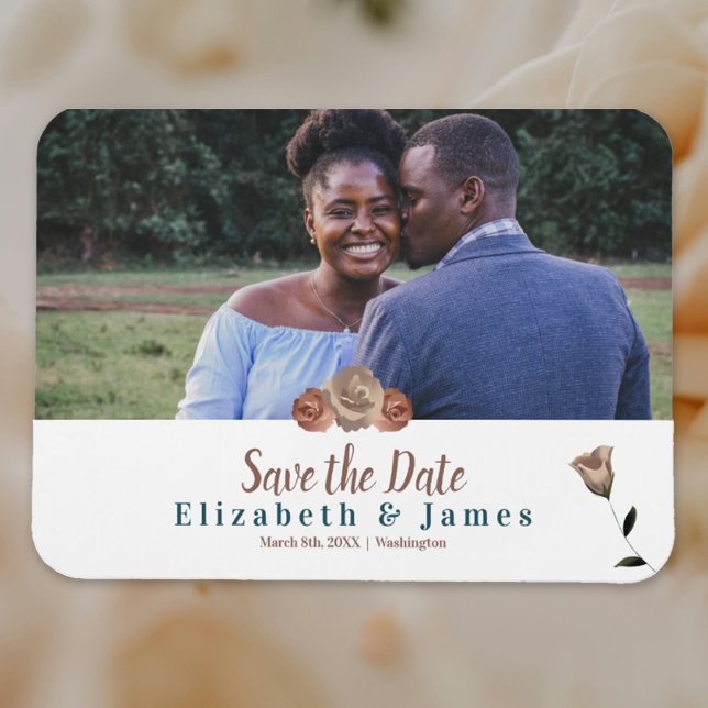 Magnet Flexible Rose Dusty, Roses beiges Sauvez l'aimant de date (Simple Couple's Engagement Magnet Save the Date for Wedding Botanical Roses Beige Teal)