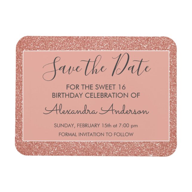 Magnet Flexible Rose Gold Parties scintillant Sweet 16 Enregistrer (Horizontal)