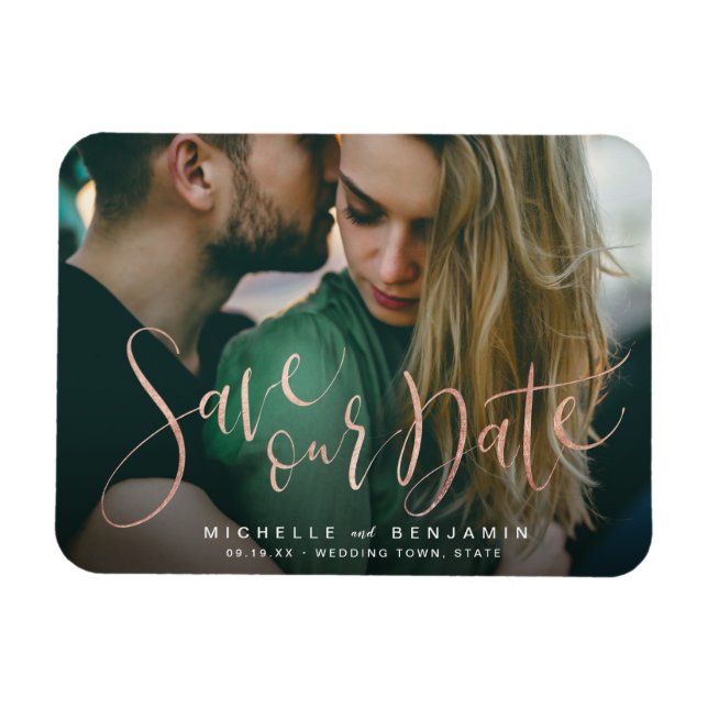 Magnet Flexible Rose gold script photo wedding save the date  (Horizontal)