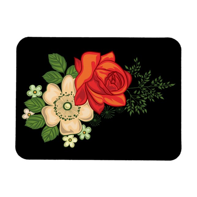Magnet Flexible Rose rouge et marguerites Arrière - plan noir (Horizontal)