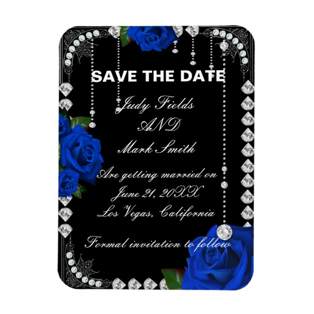 Magnet Flexible Roses Et Diamants Bleus Romantiques Sauvez La Date (Vertical)