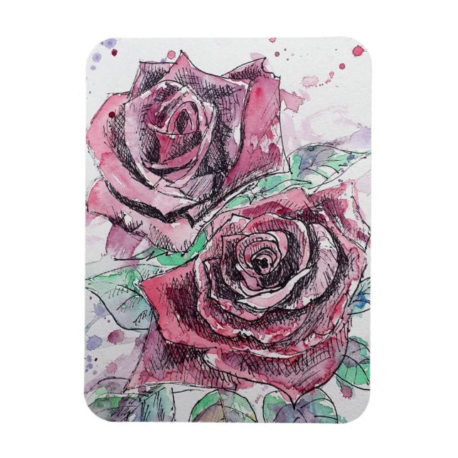 Magnet Flexible Rouge Rose rose Fleurs Florales Aquarelle Aquarell (Vertical)