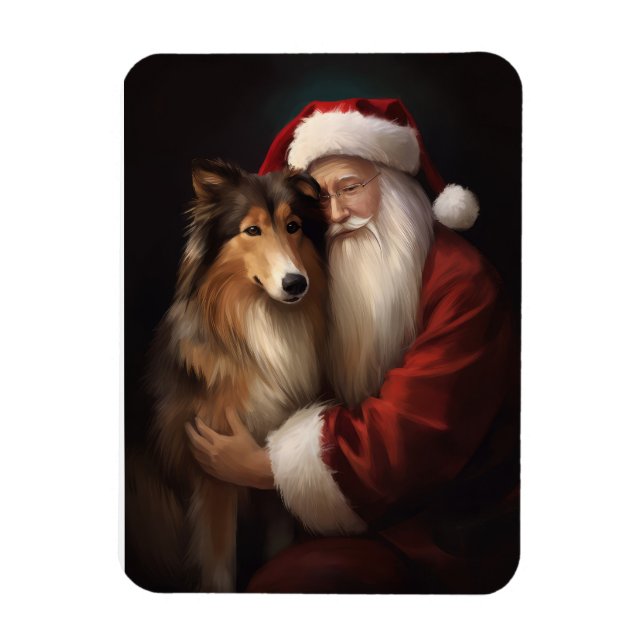 Magnet Flexible Rough Collie Avec Noël Festif Du Père Noël (Vertical)