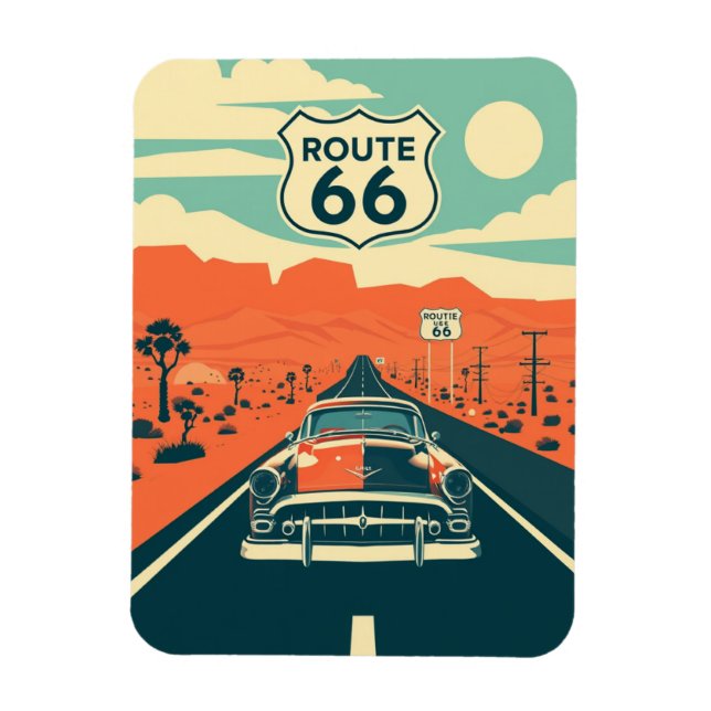 Magnet Flexible Route 66 Conception contrastée avec voiture classi (Vertical)