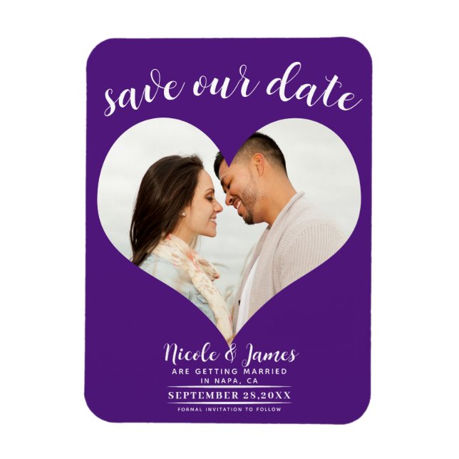 Magnet Flexible Royal Purple Heart Photo Wedding Enregistrer la da (Vertical)